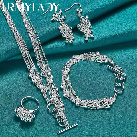 URMYLADY 925 Sterling Silver Grape Bead Necklace Bracelet Earring Ring Jewelry For Women Wedding Party Fashion Sets Gift