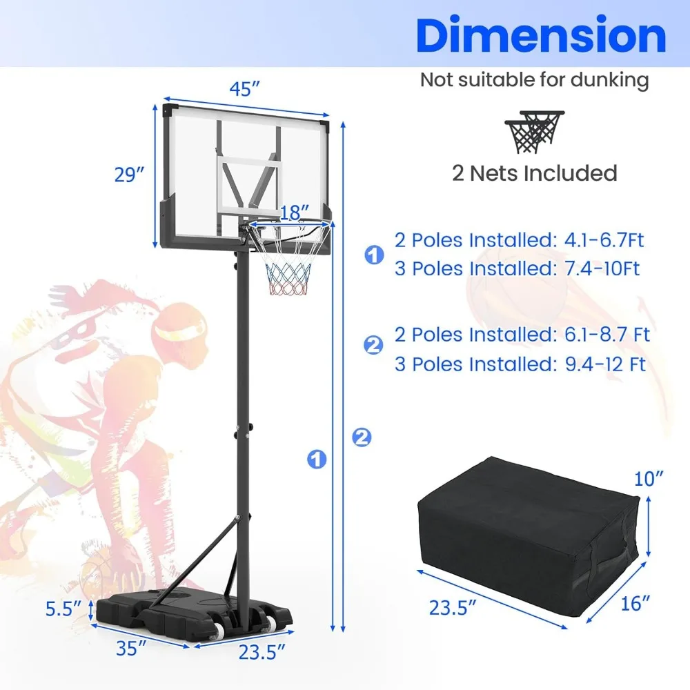 Höhenverstellbares Basketball-Torksystem für den Außenbereich, 4,1–10 FT, bruchsichere 45-Zoll-PC-Rückwand, Rad für verbessertes Gameplay