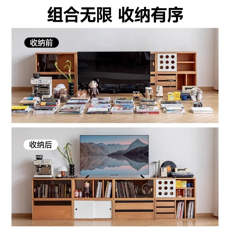 Single bookcase free combination living room TV cabinet antique cherry wood side cabinet locker solid wood floor integration