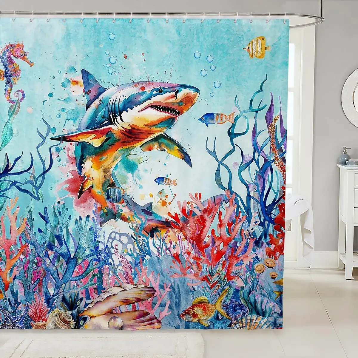 

Vibrant Shark Coral Reef Underwater Marine Life Colorful Fish Seaweed Shower Curtain Waterproof Decorative Bathroom Curtain