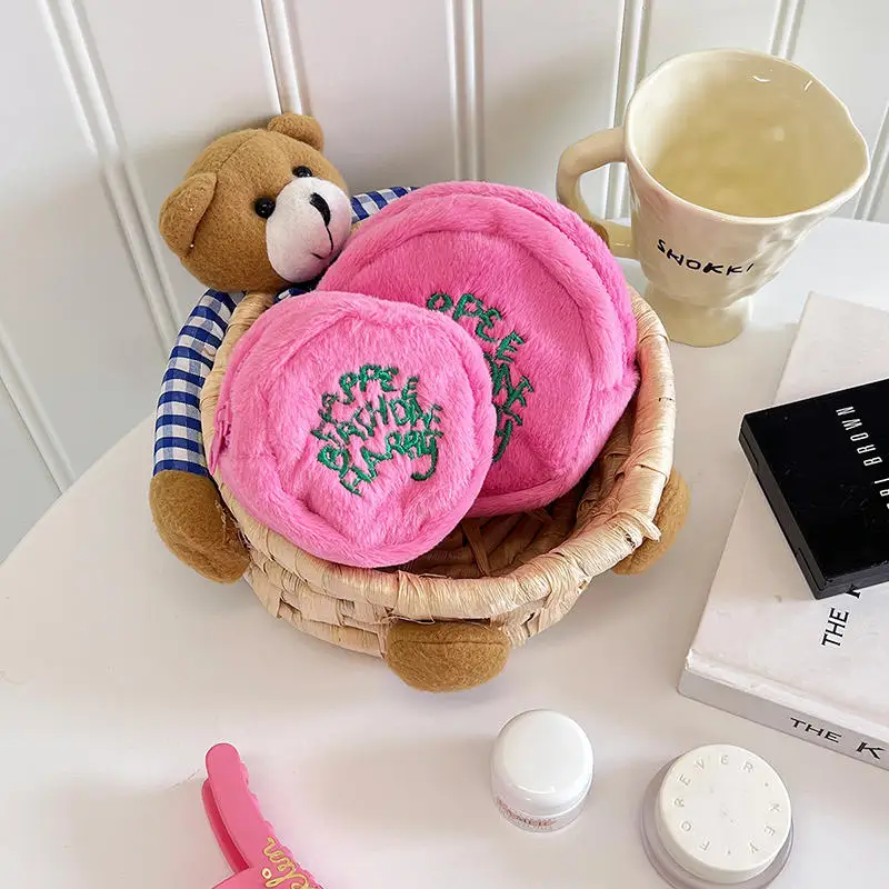 Mini monedero rosa, bolsa de almacenamiento con cable para auriculares, punto Kawaii, bonito bolso portátil de peluche, monedero, bolsa para pastel