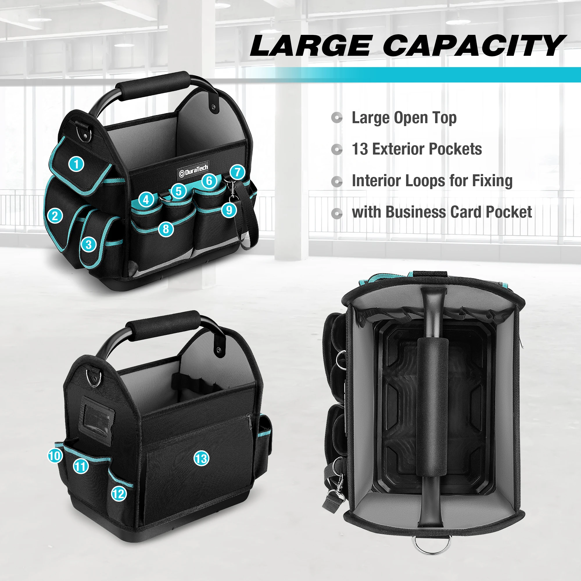 DuraTech 12 Inch Tool Bag with Multi-Pockets Wide Mouth Tool Tote Durable Wear-Resistant Base Waterproof Oxford Cloth Bag