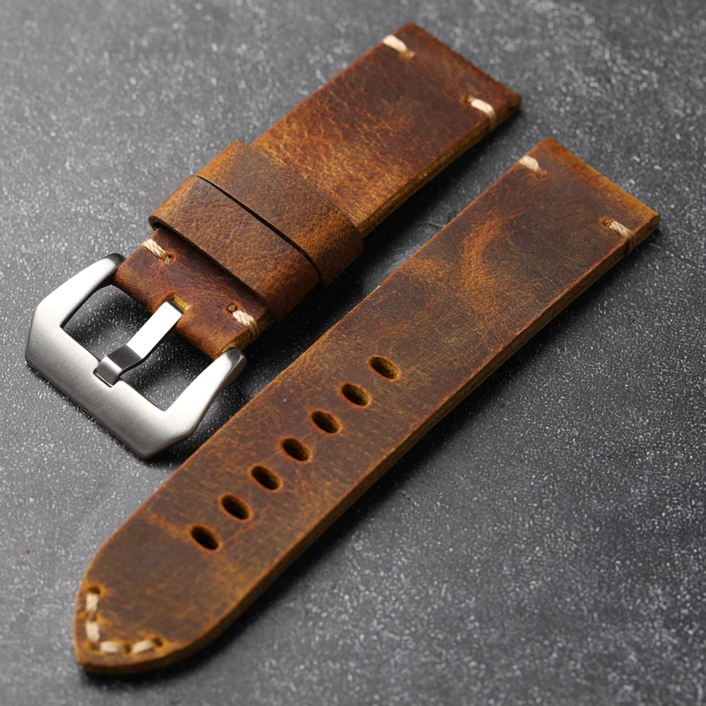 Handmade Thick Brown Leather Strap 24MM Vintage Soft Old Bracelet For PAM111 441 44mm Dial Men Watchbands