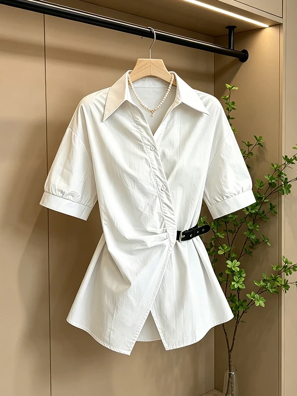 

plus Size Women's Fashionable Asymmetric Short Sleeve Shirt Slimming Cover up Top Korean Style Commute Wind Regular Fit V Neck