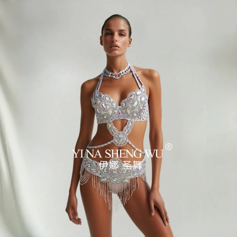 

Сексуальный бюстгальтер с бусинами и поясом, комплект из 2 предметов, костюм для танца живота, карнавальный костюм для стриптиза, ночной клуб, сценический подиум, танец живота, карнавал