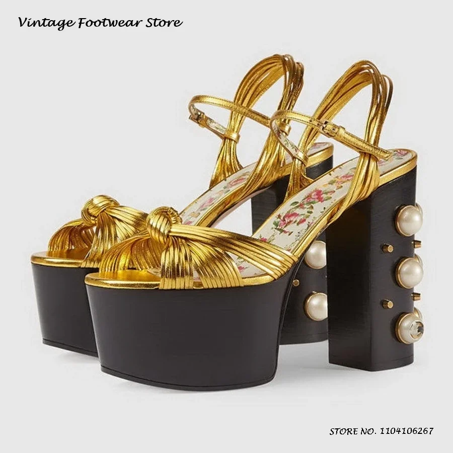 

Pearl Embellished Knotted Platform Sandals Women's Round Open Toe Chunky Heel Party Shoes Summer Buckle Strap Fashion High Heels