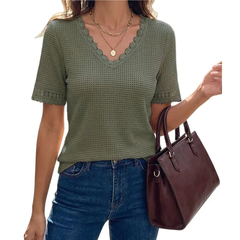 

Женские летние свободные туники-блузки CYL с V-образным вырезом, коротким рукавом, вафельным трикотажем и кружевными вставками