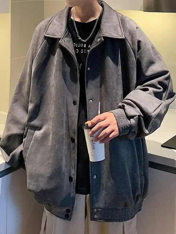 

Trendy Workwear Jaet for Men Spring Autumn Pure Color Loose Suede Baseball Sle Simple Collar Jeans Fabric Wear Resistant