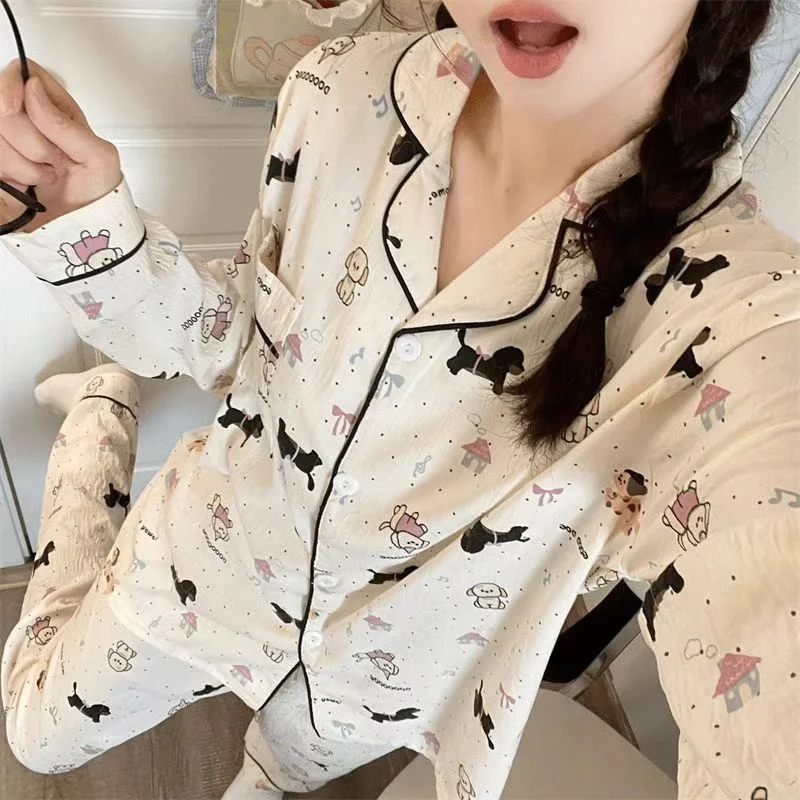 Kawaii Dot Dog Print Cartoon Cute Women\'s Pajamas Set Lapel Neck Button Design Sweet Casual Sleepwear Autumn New Pajamas Set