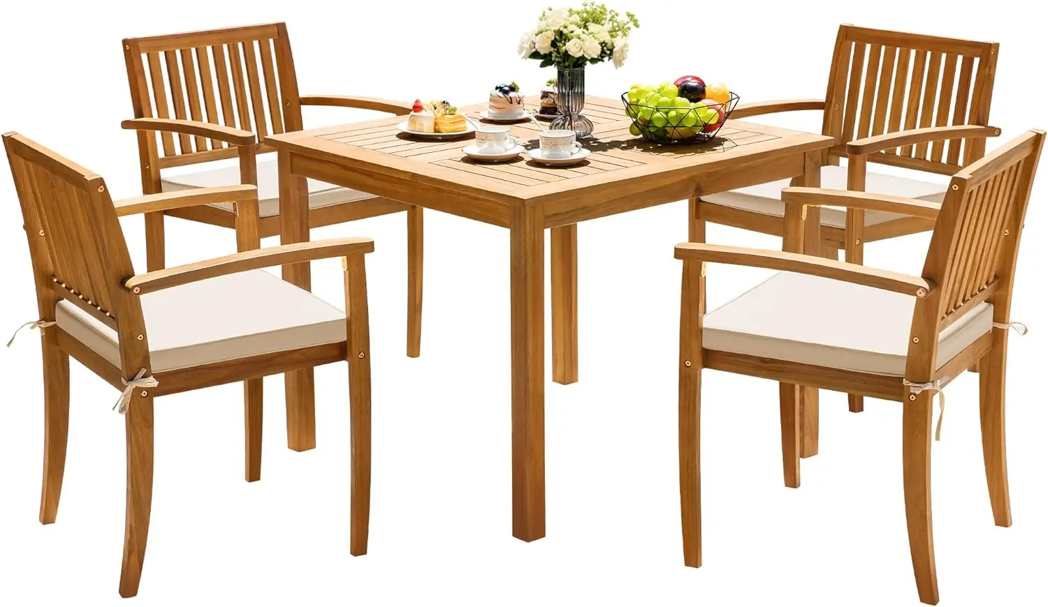 5 Piece Patio Dining Set Outdoor Solid Wood Furniture for Yard, Garden, Porch w/Square Tabletop & 4 Chairs, White