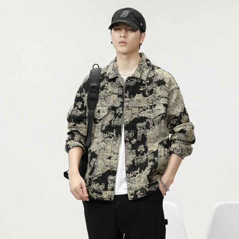 

Vintage Flannel Jacket Men's Loose Casual Collar Workwear Denim Embroidery Autumn Fashion Brand Cotton Polyester Blend