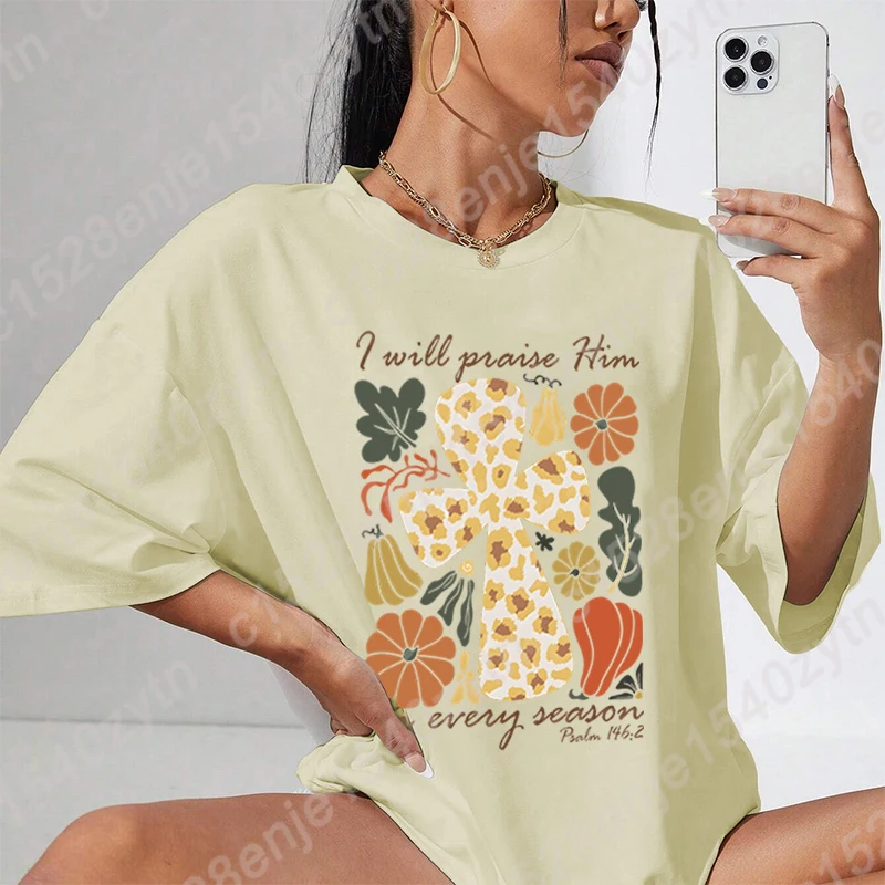 Women Oversized T-shirts Flower Jesus I Will Praise Him In Every Reason Print T-Shirts Summer Crew Neck Short Sleeves Tees