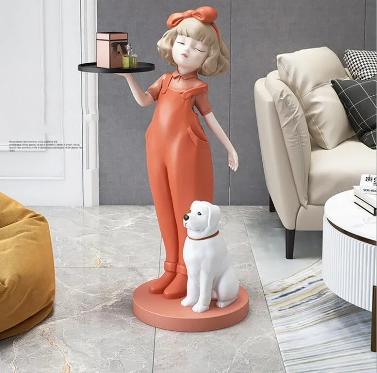 European Large Floor Dog Girl Storage Tray Resin Accessories Home Livingroom Sculpture Crafts Villa Lobby Ornaments Decoration