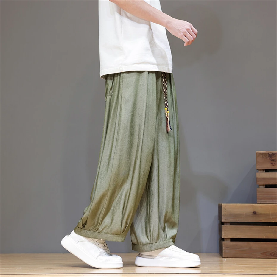 Large Size Harem Pant Mens Summer Thin Vintage Casual Trousers Men Harajuku Chinese Style Baggy Ankle Length Pants Male