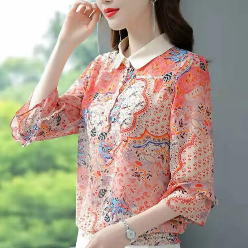 

Women's Spring And Autumn New Floral Chiffon Shirt top Summer High-end TemperAment Fashion Shirt DD2204