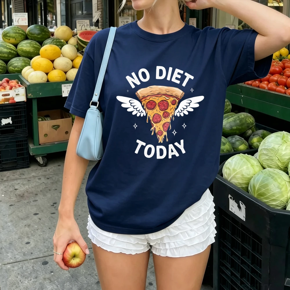 No Diet Today Winged Pizza Lustiges Lebensmittel-Slogan-T-Shirt für Damen, Pizza-Liebhaber, Humor, Buchstabendruck, Rundhalsausschnitt, lockere Streetwear, lässige Oberteile