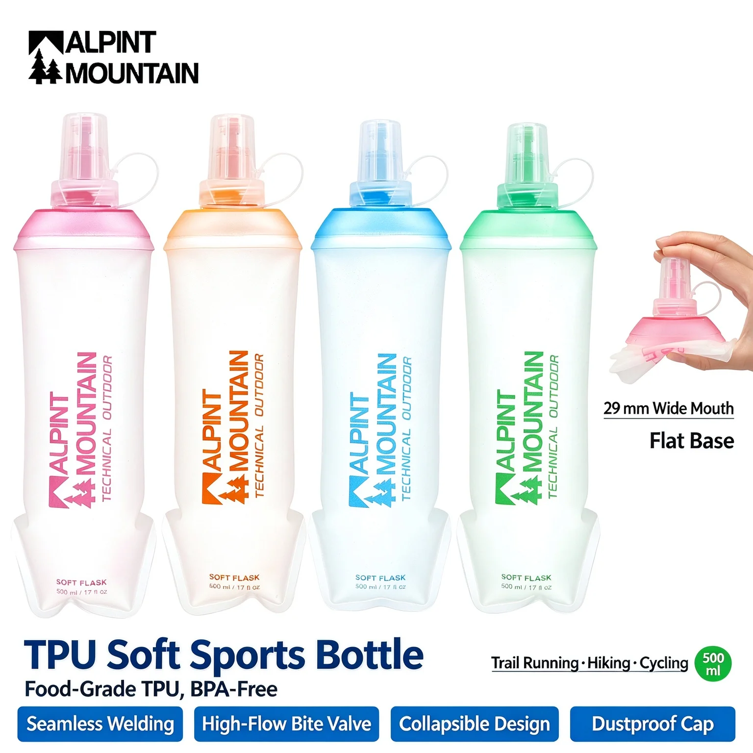 500ml Soft Flask TPU Running Water Bottle Collapsible Foldable Leak-Proof Leakproof Hydration Pack Running Vest BPA Free