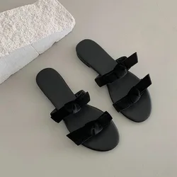 Women's Sandals Bowknot Slides Slippers Sheepskin Flat Open-toe Shoes