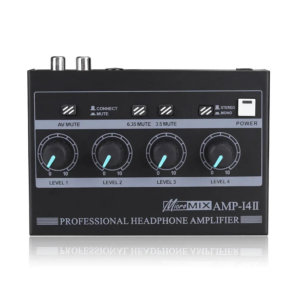 4 Channel Professional Headphone Amplifier Support Mono/Stereo Audio Amp with RCA 3.5mm 6.35mm Input for Studio and Stage