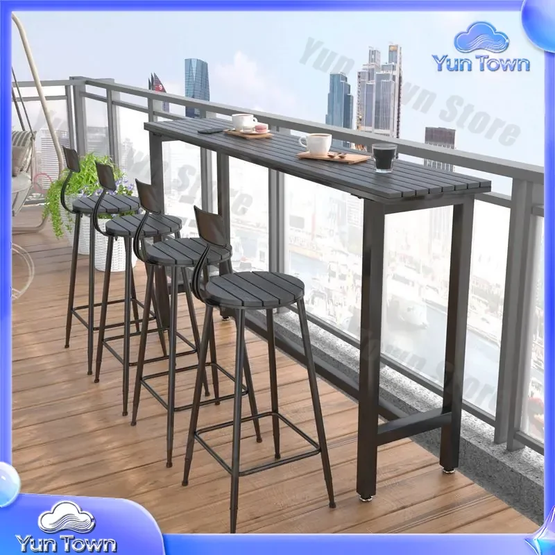 Modern Simple Casual Bar Table and Chair Set for Outdoor Balcony Courtyard Open-Air Bar Tall Table with Sun Protection