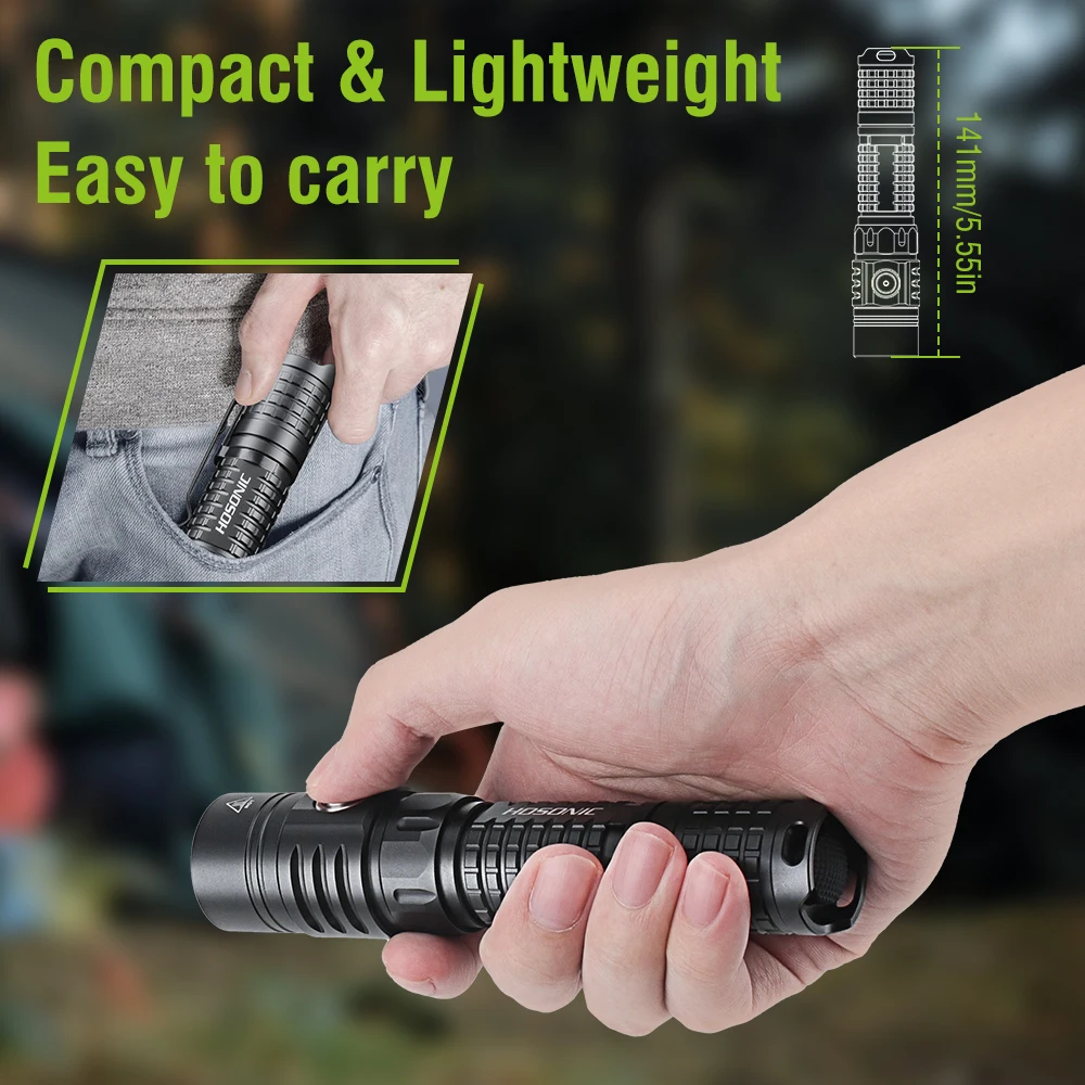 HOSONIC EC16 EDC Flashlight 1750LM Ultra Bright Tactical Flashlight USB C Rechargeable Torch with Dual Switch Power Indicator