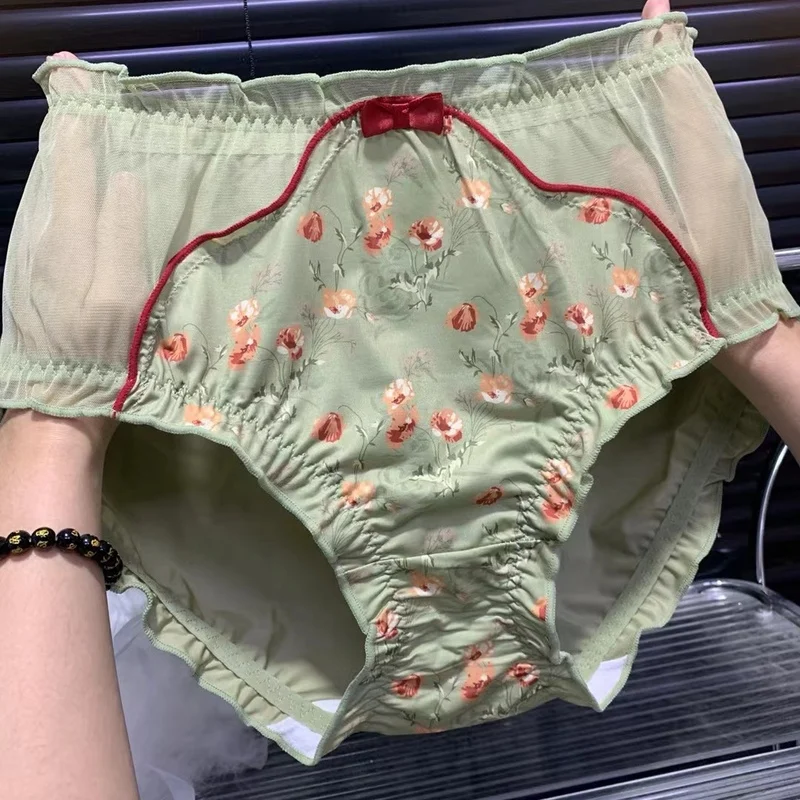 Plus Size Women\'s High Waisted Panties Floral Lace Bow Satin Underwear Sexy Triangle Briefs for Women