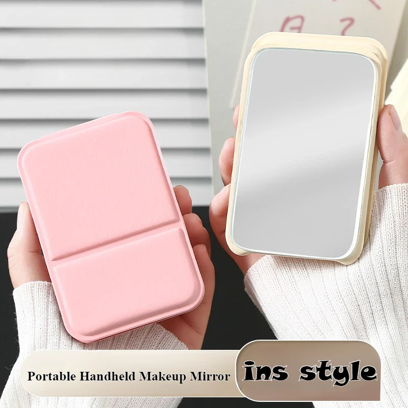 Solid Color PU Leather Simple Portable Handheld Makeup Mirror Desktop Makeup Mirror Foldable Student Compact Cute Pocket Mirror