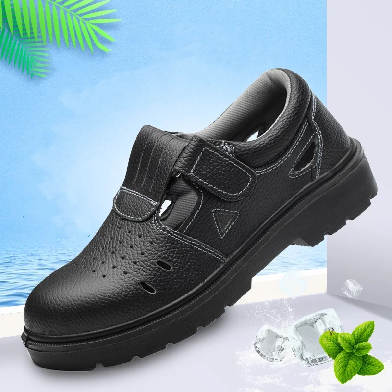 

large size men's casual steel toe covers working safety shoes summer breathable worker boots natural leather sandals safe shoe