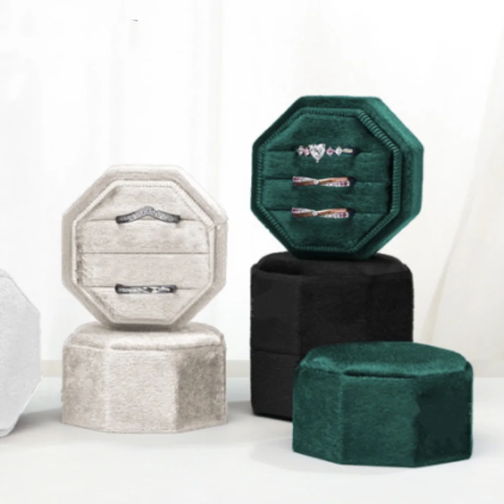 Velvet Wedding Ring Box Octagonal Ring Display Box for Engagement Proposal Idea Triple Slots Ring Storage Holder Jewelry Box