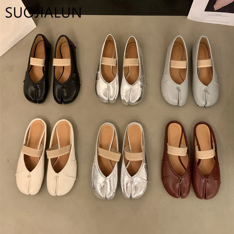 

SUOJIALUN Summer New Brand Women Flat Shoes Fashion Split Toe Flats Slip on Laofer Shoes Soft Flat Heel Dress Ballet Shoes