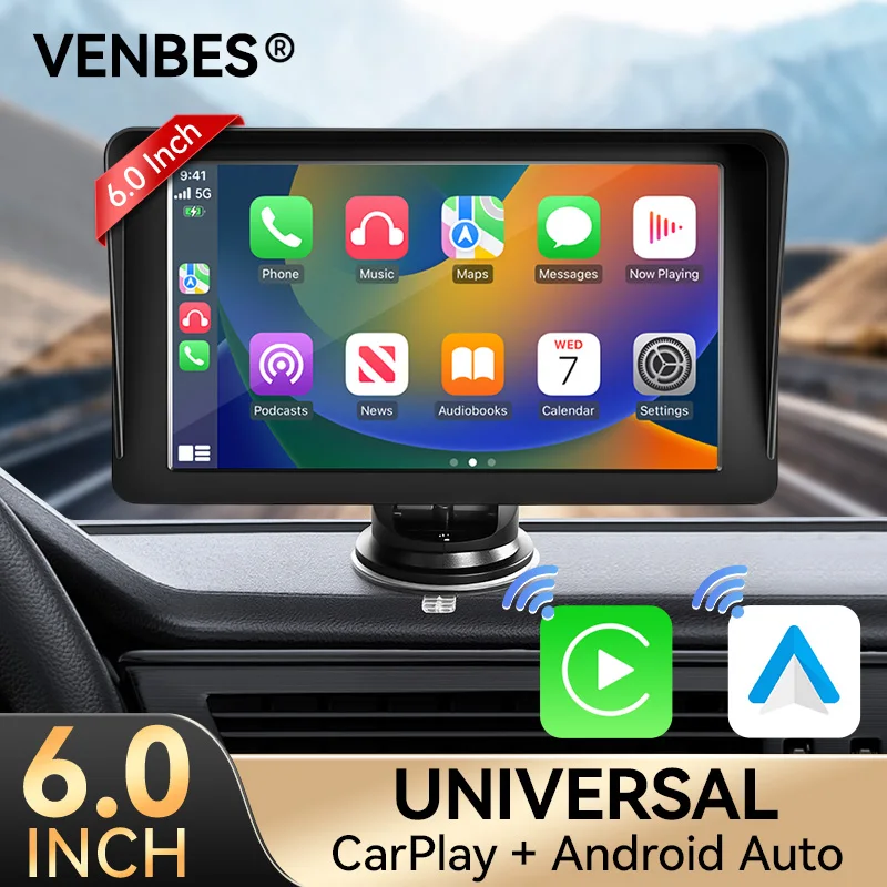

VENBES Wireless Carplay Android Auto 6 Inch Car Radio Touch Screen Bluetooth 5.0 Optional CVBS Camera FM