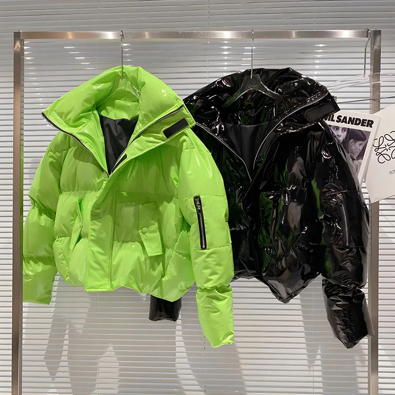 

2025 Winter Clothes Fashion Zipper Sleeve Color Shiny Patent Leather Stand-up Collar Cotton-Padded Coat Long Sleeve Warm Jackets