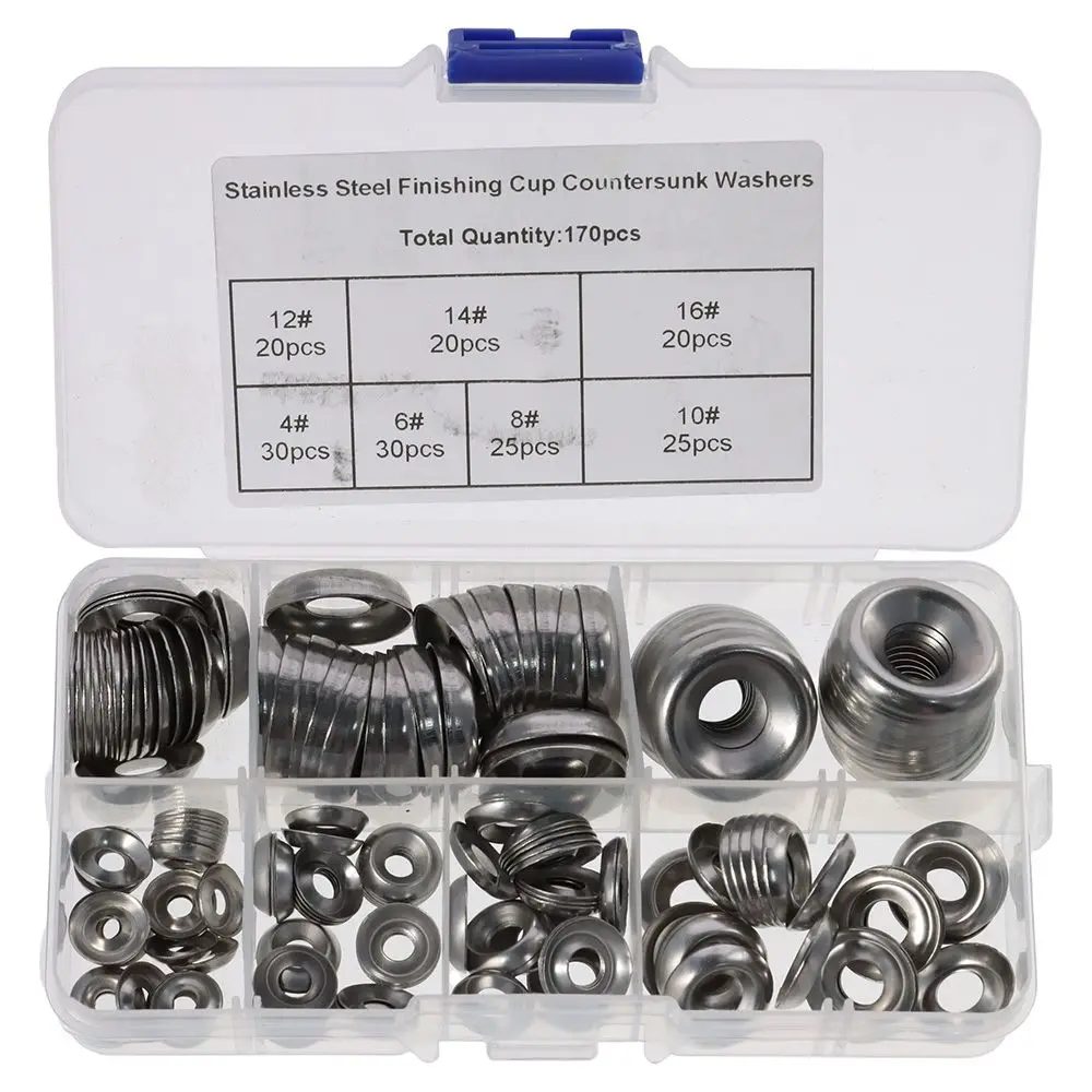 170pcs Stainless Steel Cup Countersunk Washer Silver 4#/6#/8#/10#/12#/14#/16# Countersunk Washers Finish Washers