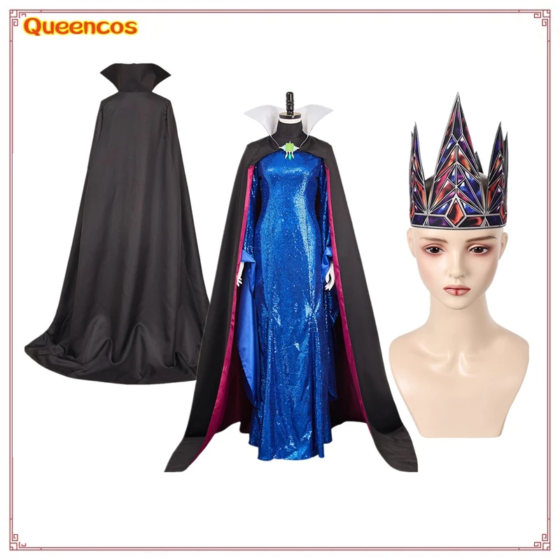 

Women Evil Queen Blue Dress Cloak Cosplay Costume Movie Princess Snow Disguise Outfits Roleplay Halloween Carnival Adult Suit