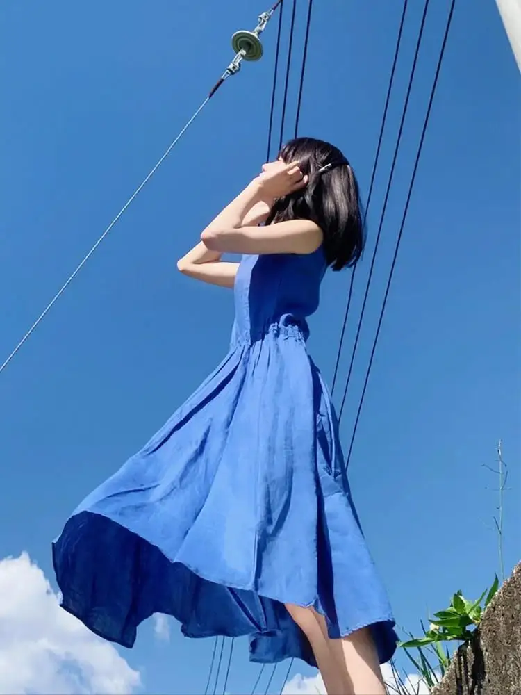 

Summer Blue Maxi Dress Beach Vacation Sleeveless Women's Korean Style High Waist Slimming Long Skirt Commute High Waist
