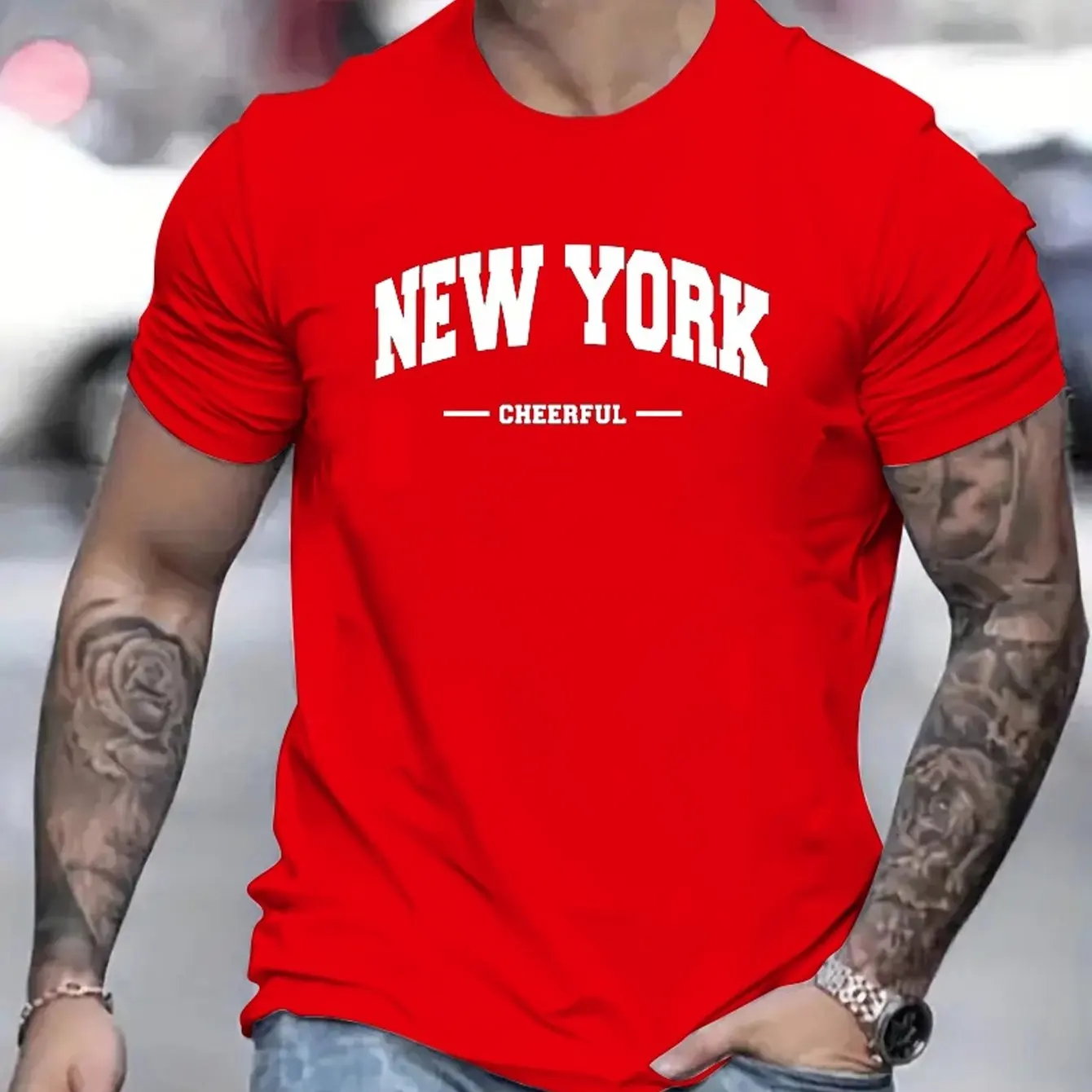 Men's 100_ pure cotton summer loose fit oversized New York Cheerful print casual slim fit round neck short sleeved T-shirt top