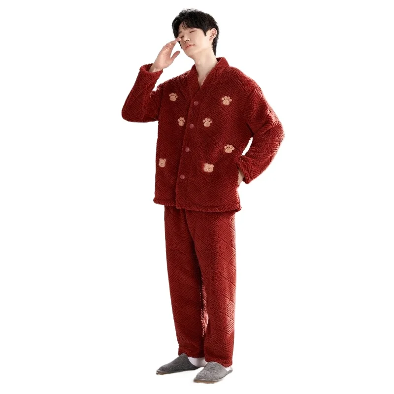 Men's Long-sleeved Autumn and Winter Wedding Natal Year Fashion Thickened Fleece Two-piece Suit Underwear Coral Fleece Pajamas