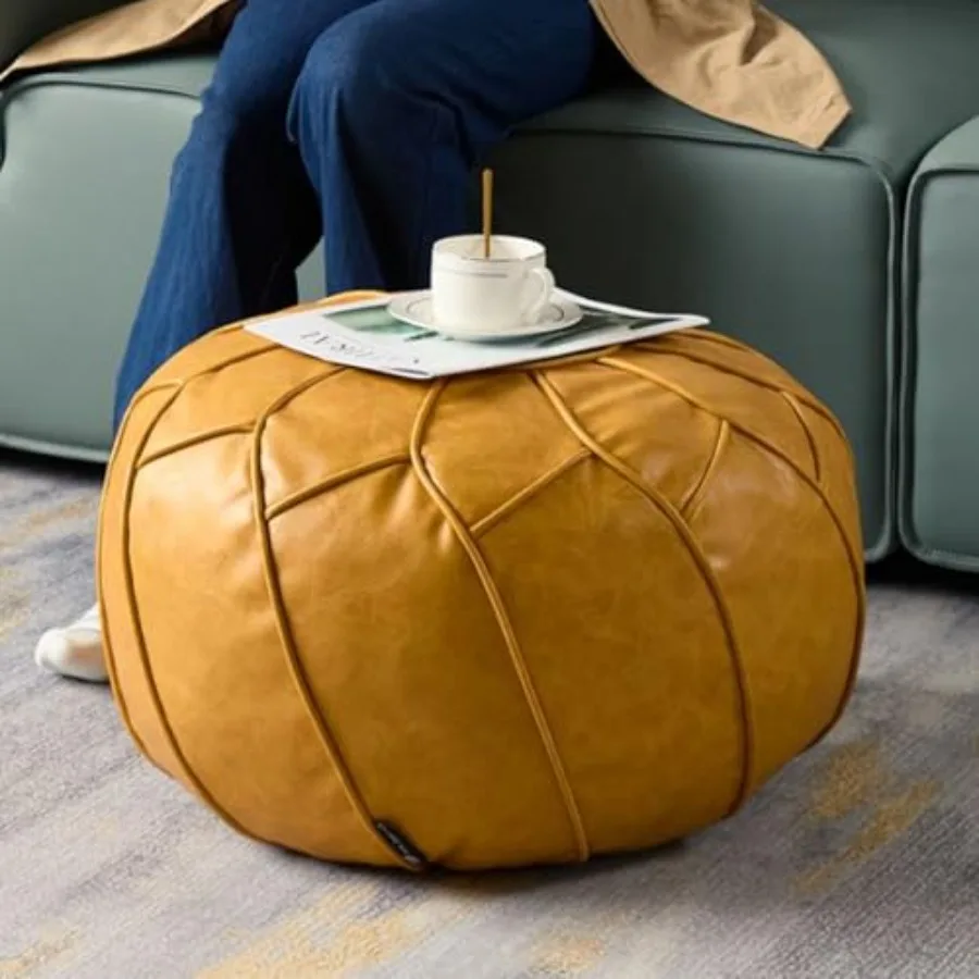 

Moroccan Pouf Cover Unstuffed Waterproof Faux Leather Ottoman Feet Rest Round Storage Bean Bag Chair for Stuffed Animals Boho F