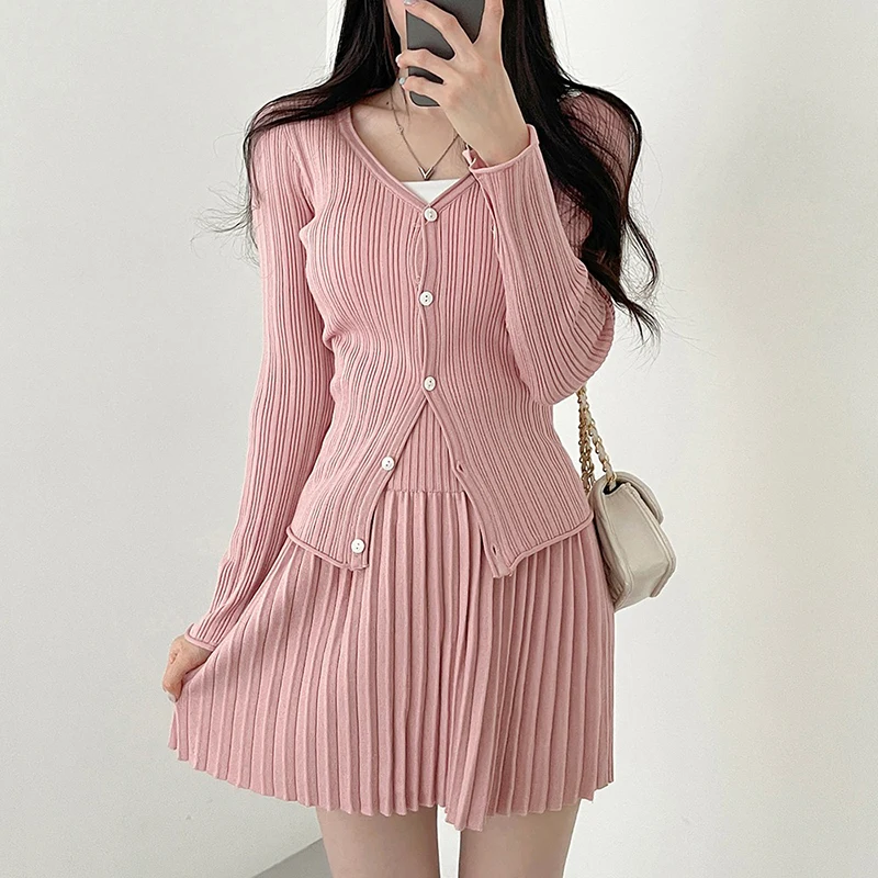 HELIAR Women Casual Knitted 2 Piece Set Single-breasted V-neck Top And High Waist Mini Pleated Skirt Solid Outfits Suit Spring