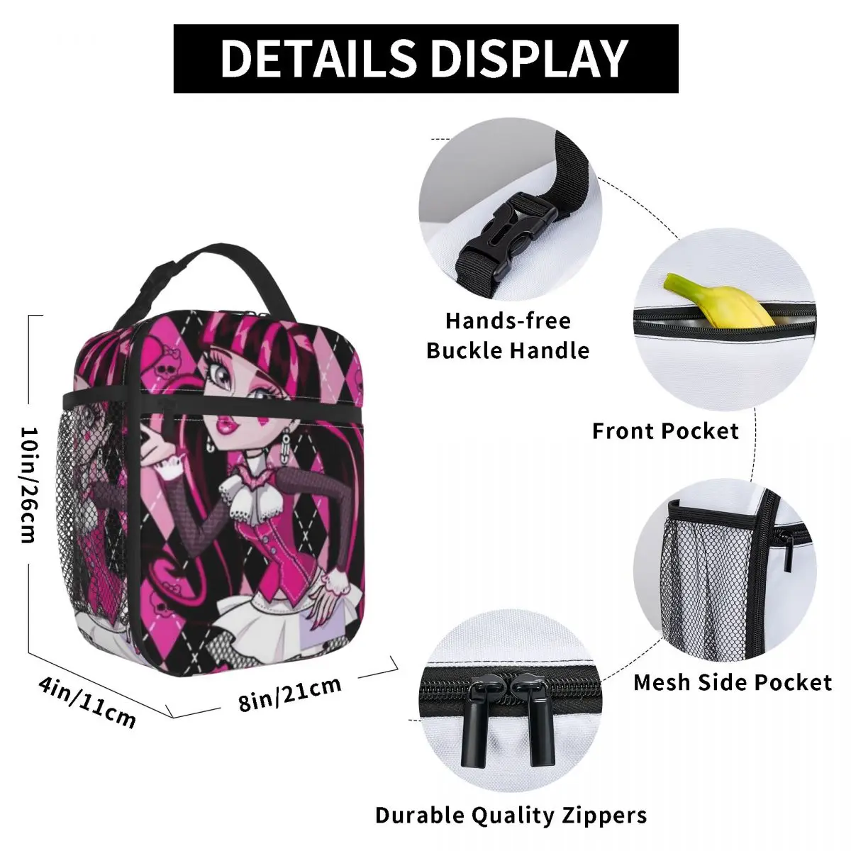 Draculaura Insulated Lunch Bag Thermal Bag  Meal Container Monster High High Capacity Tote Lunch Box Girl Boy Office Outdoor