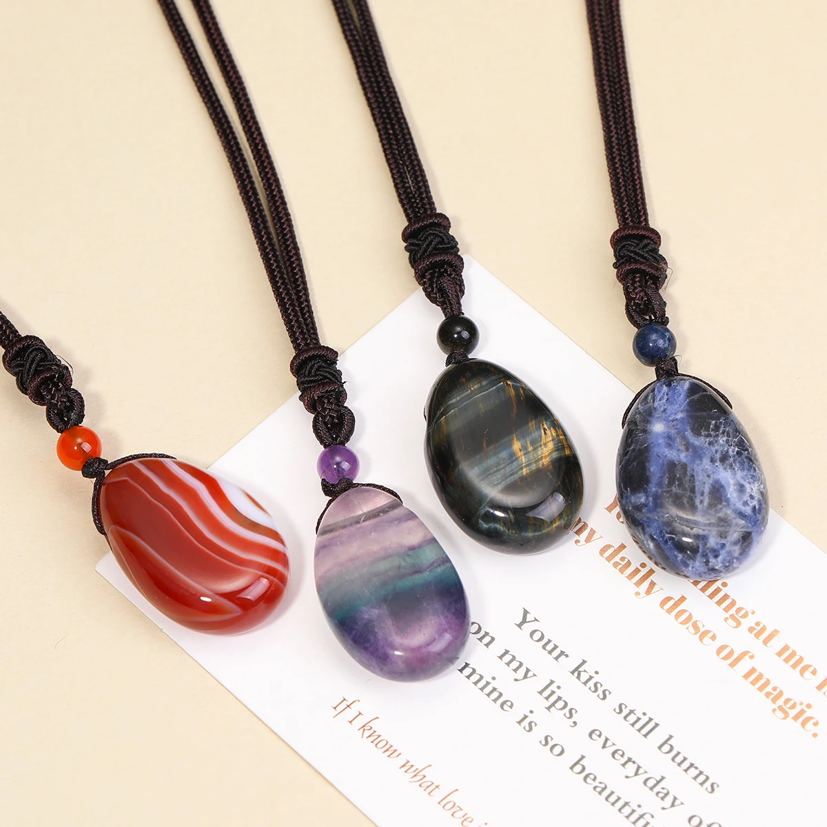 Casual Simple Natural Water Droplet Pendant Necklace Amethyst Opal Obsidian Red Agate Pendant Adjustable Cord Chain Necklace