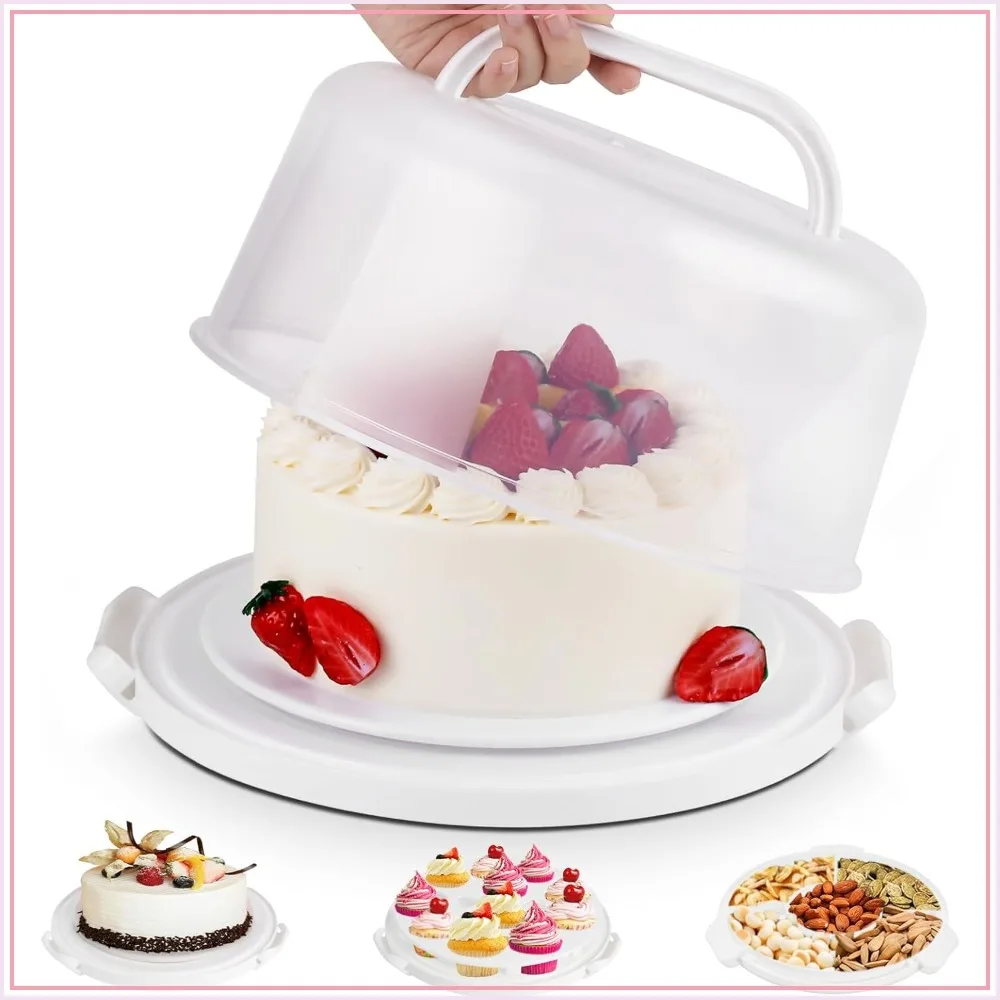 10" Cake Carrier with Lid, BPA-Free Plastic Container for Transport, 2 Handles, Cupcake & Pie Carrier