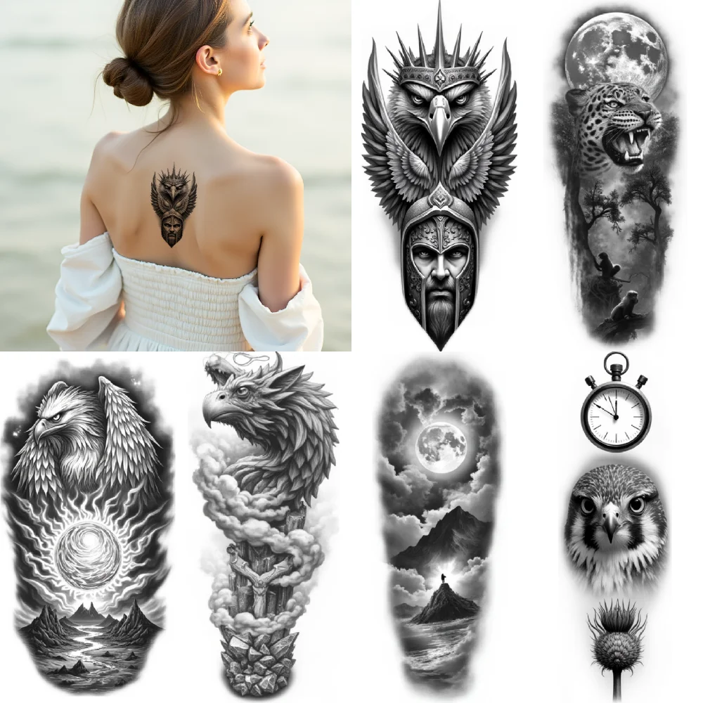 

12pcs Temporary Tattoo Waterproof Long-lasting Body Stickers Knight Helmet Wolf With Clock Wings For Thigh Adult Arm