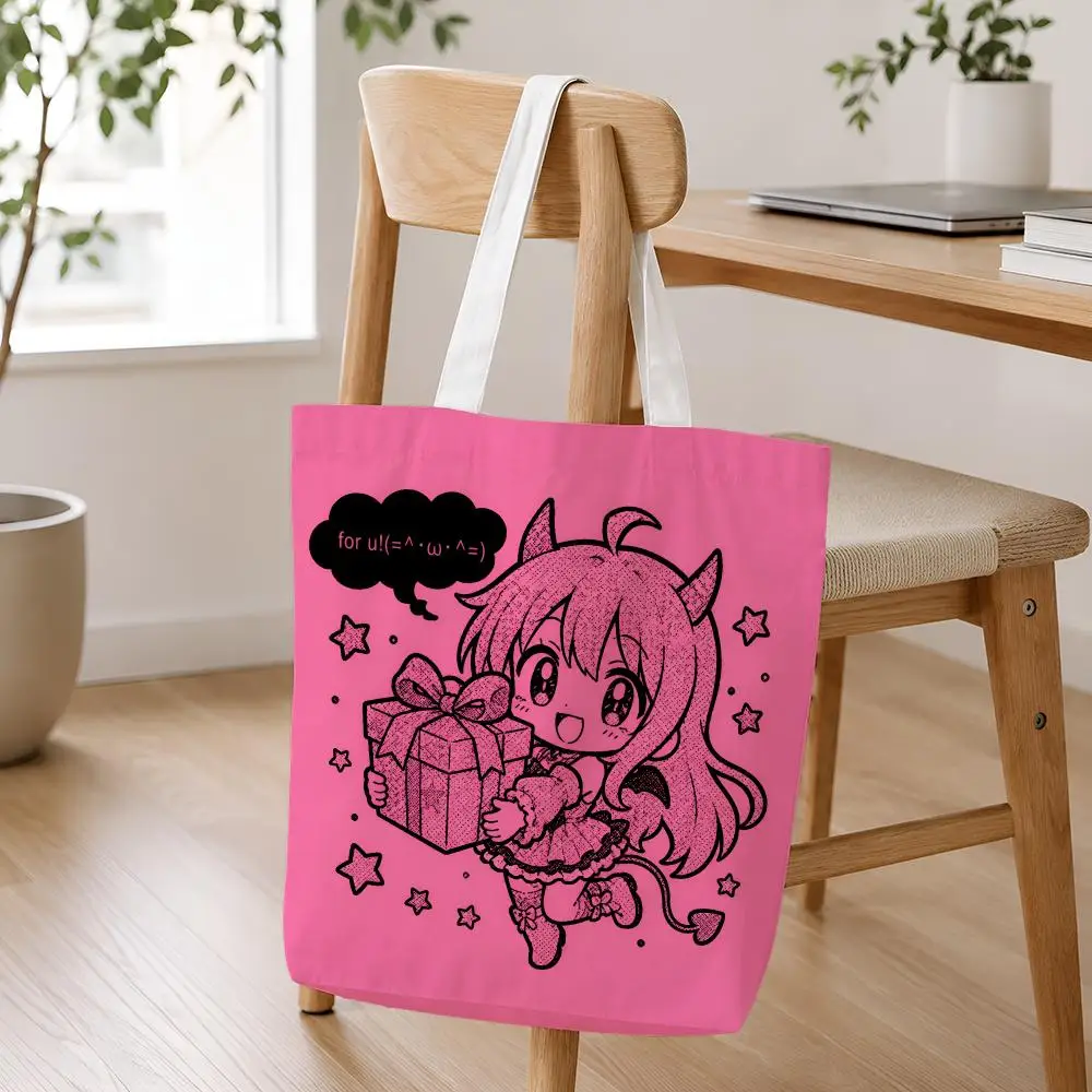 Kawaii Devil Girl Storage Bags Lightweight Foldable Canvas Tote For Shopping Commuting And Travel