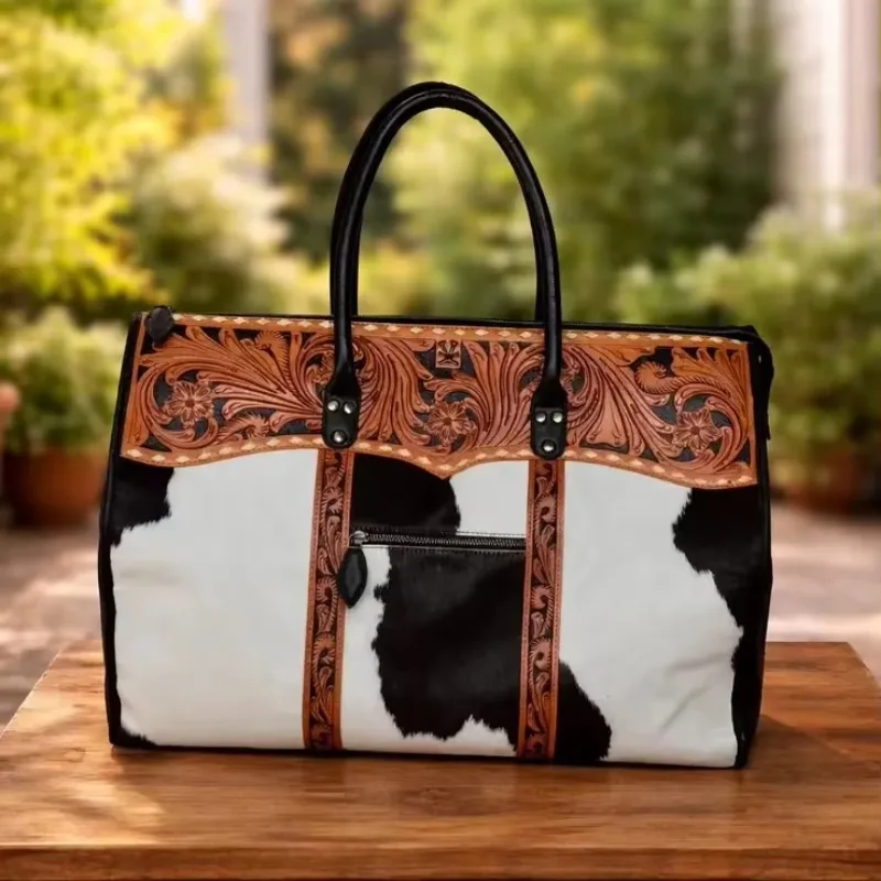 Western Hair Handmade Design on Cowhide Leather Travel Duffel Bag - Vintage Weekend Shoulder Bag
