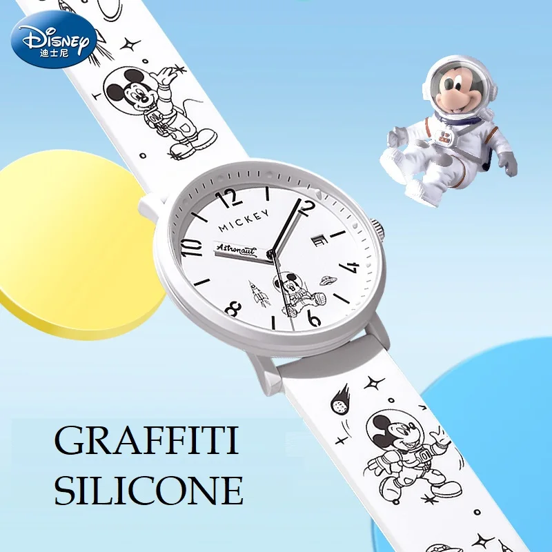 Disney für Kinder Uhr Mickey Mouse Astronaut Cartoon Quarz Armbanduhr Junge Mädchen Unisex Student Silikon Graffiti Armband Datum