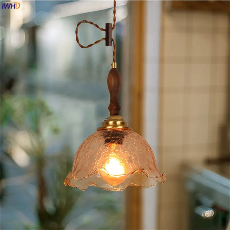 IWHD Vintage Cracked Glass Hanglamp Copper Wooden Hanging Lamp Home Indoor Lighting Bedroom Living Room Modern Pendant Light LED