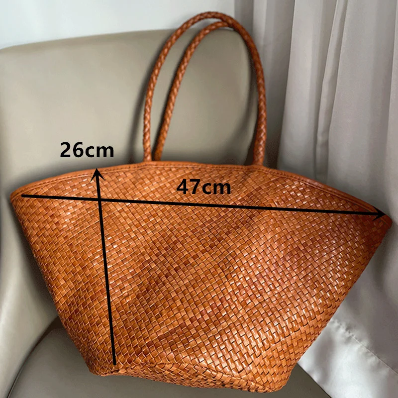 Fashion Genuine Leather Tote Female Brand Weave Bucket Shoulder Bag for Woman New Luxury Top-Handle Travel Beach Bags