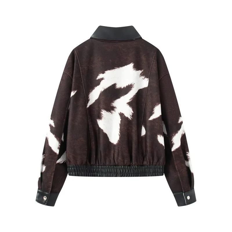 Giacca Casual da Donna in Pelle PU con Motivo Mucca, Colletto Patchwork, Stile Vintage, Vestibilità Ampia, Top Corto Street Style Personalizzato