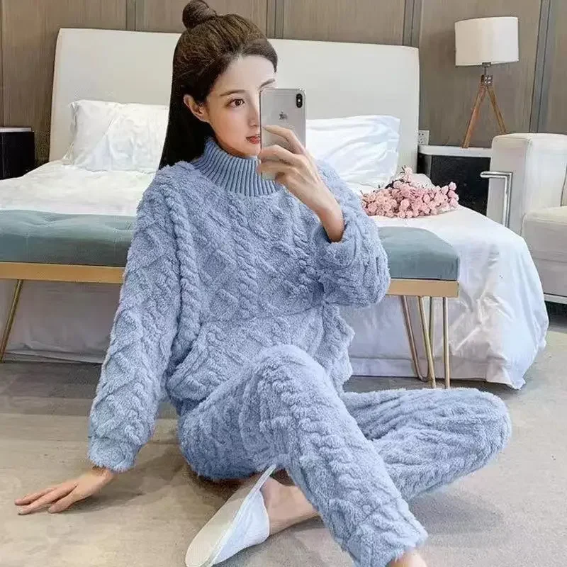 Women\'s Winter Warm Pajamas Sets Comfortable Long Sleeved Solid Color Jacquard Thickened Loose Fleece Pullover 2 Piece Sets